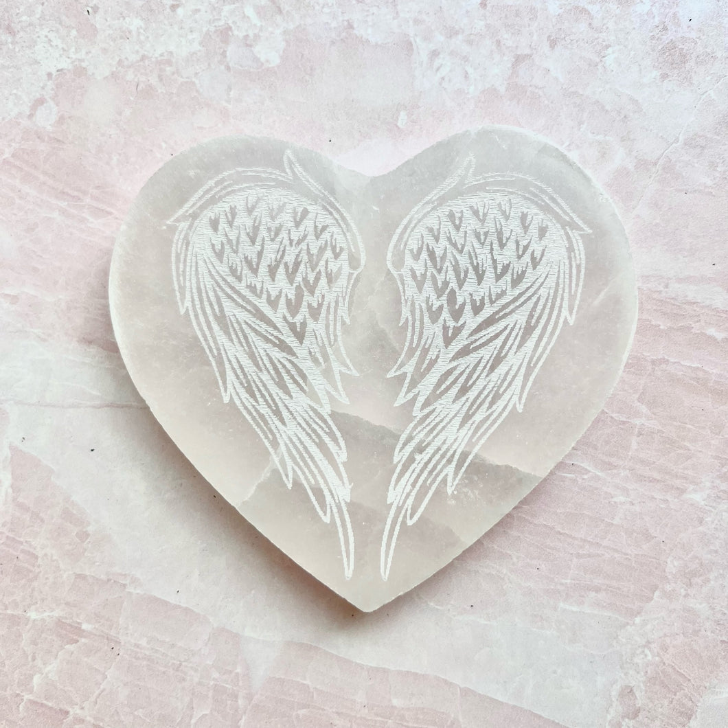 Heart with Angel Wings Selenite Charging Plate